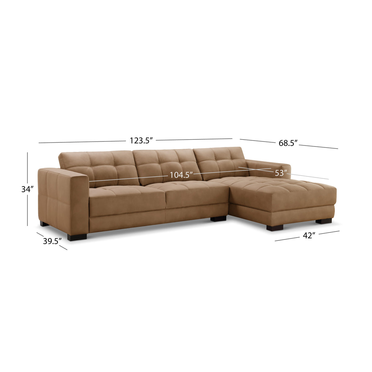 Klyden Leather Chaise Sectional, Saddle Brown