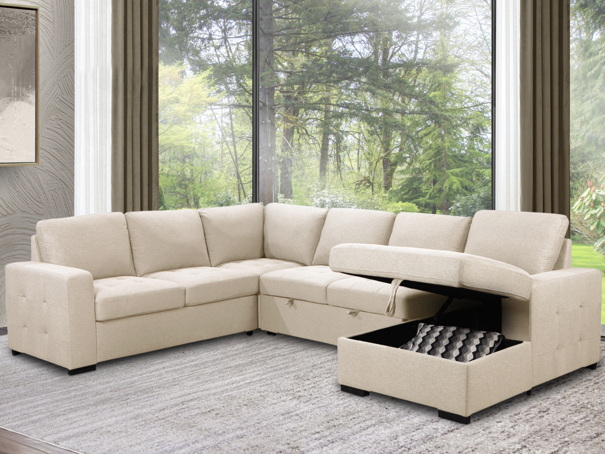 Jameson 6-pc Fabric Storage Sectional with Pullout Bed - Cream