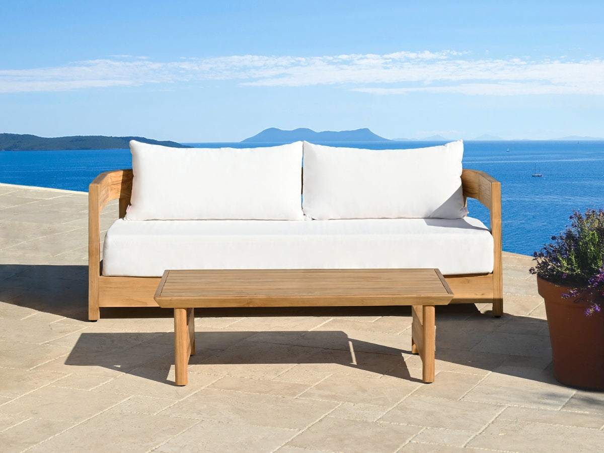 Santino® Outdoor Sofa & Coffee Table Collection - White Fabric with Teak Frame