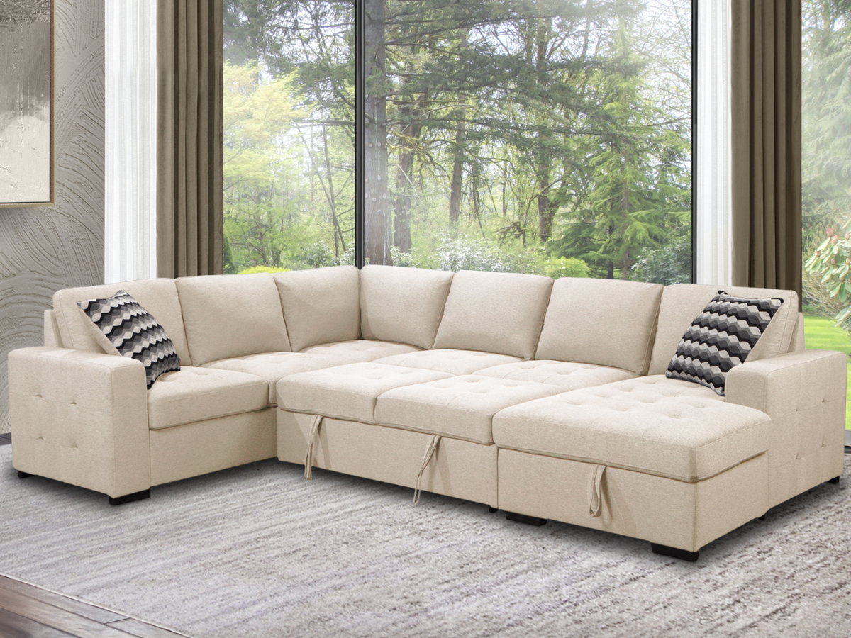 Jameson 6-pc Fabric Storage Sectional with Pullout Bed - Cream