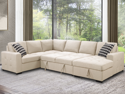 Jameson 6-pc Fabric Storage Sectional with Pullout Bed - Cream