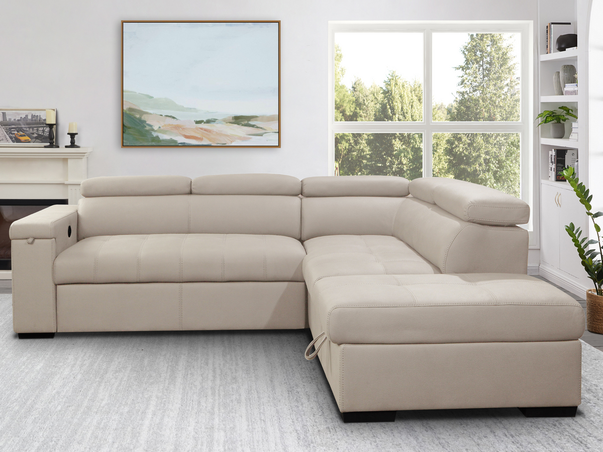 Miami Fabric Storage Sectional with Pullout Bed - Cream