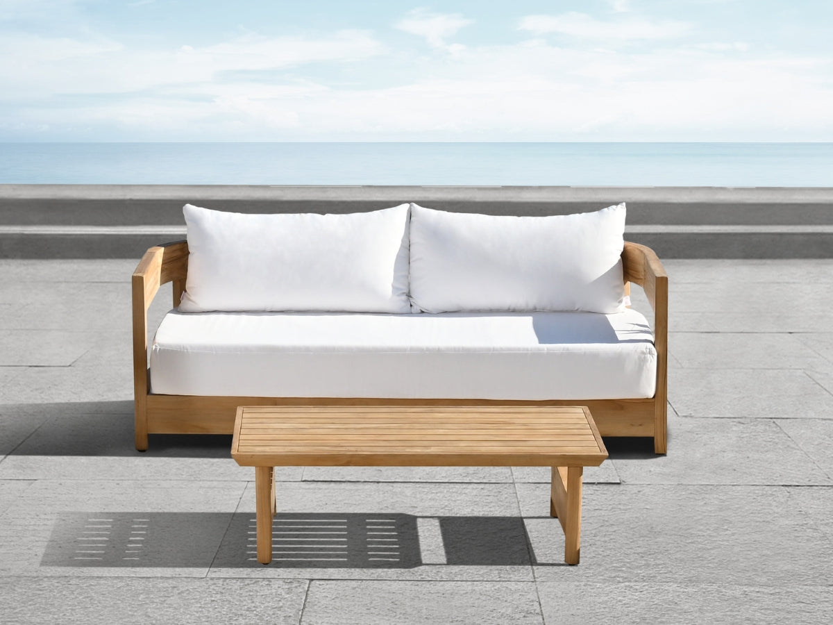 Santino® Outdoor Sofa & Coffee Table Collection - White Fabric with Teak Frame