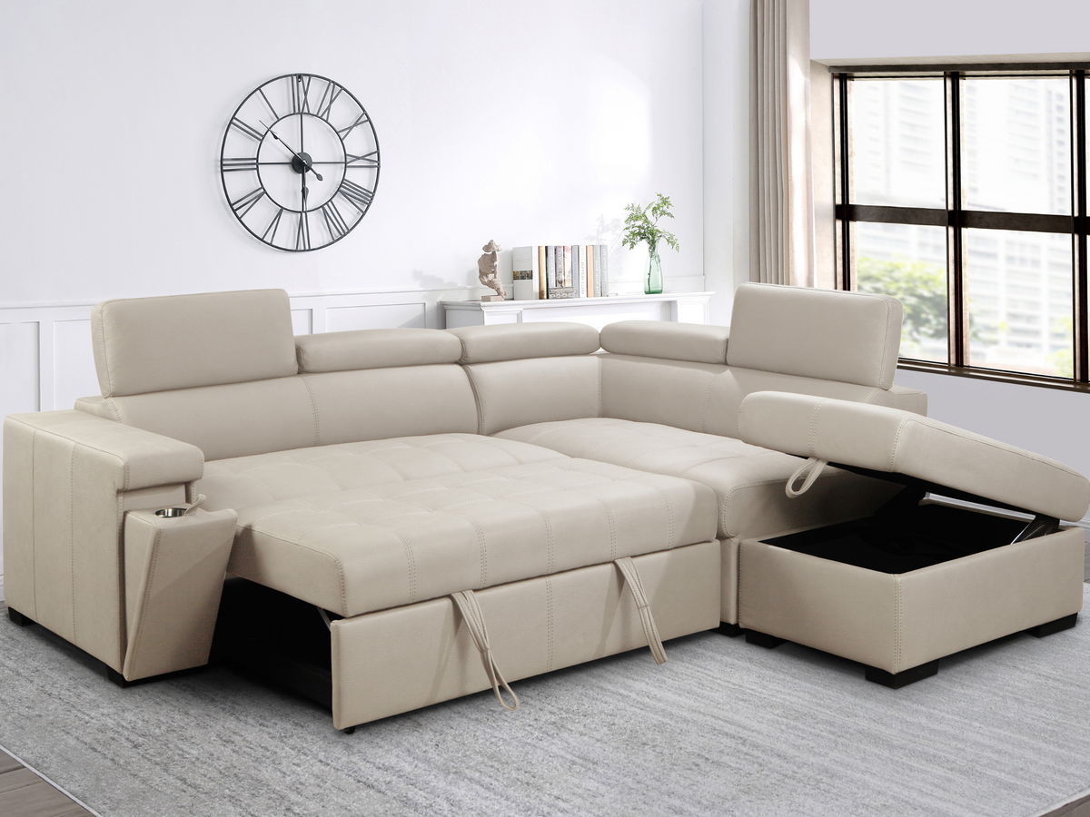 Miami Fabric Storage Sectional with Pullout Bed - Cream