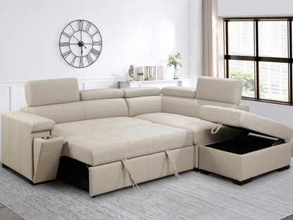 Miami Fabric Storage Sectional with Pullout Bed - Cream