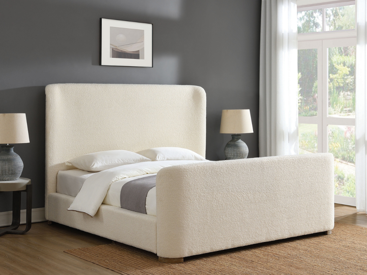 Luciano Bouclé Fabric Sleigh Bed - Queen - Ivory