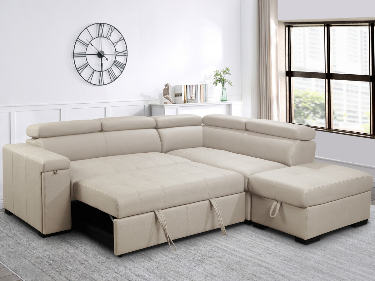Miami Fabric Storage Sectional with Pullout Bed - Cream