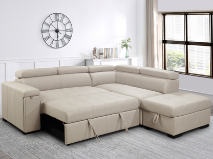 Miami Fabric Storage Sectional with Pullout Bed - Cream