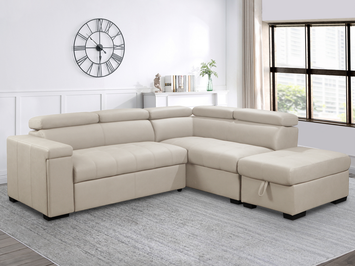Miami Fabric Storage Sectional with Pullout Bed - Cream