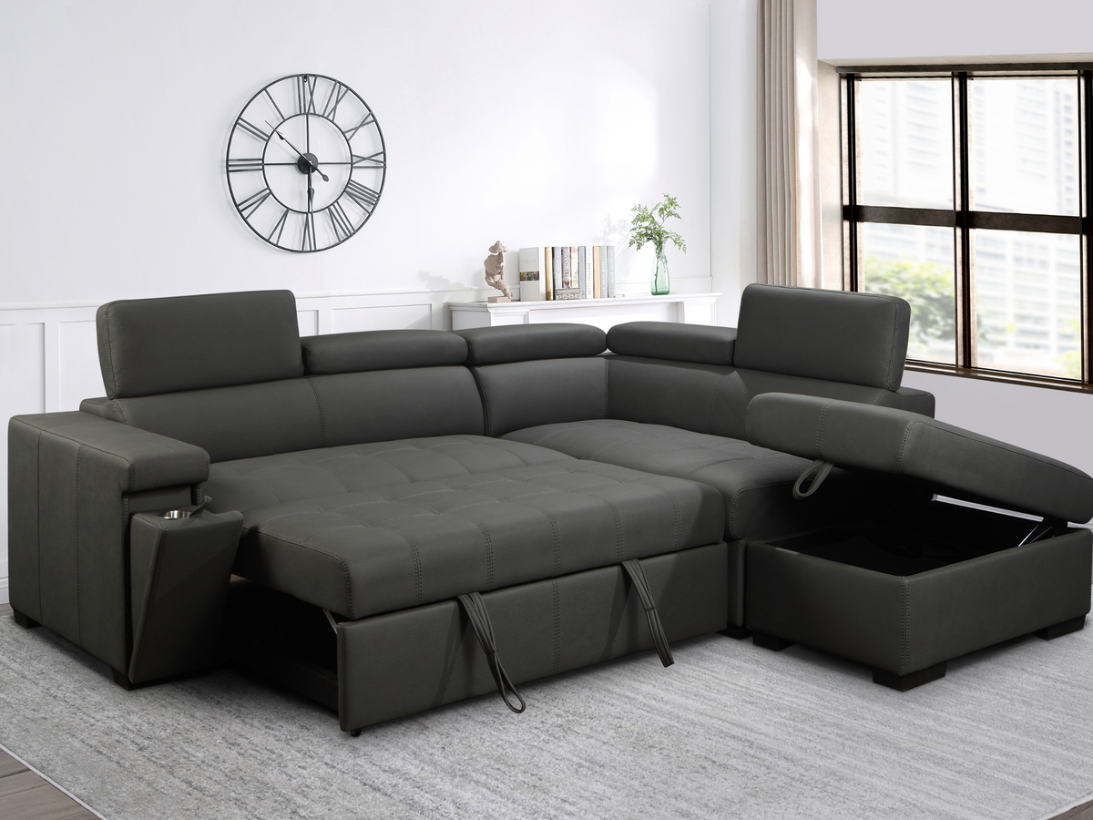 Miami Fabric Storage Sectional with Pullout Bed - Dark Gray