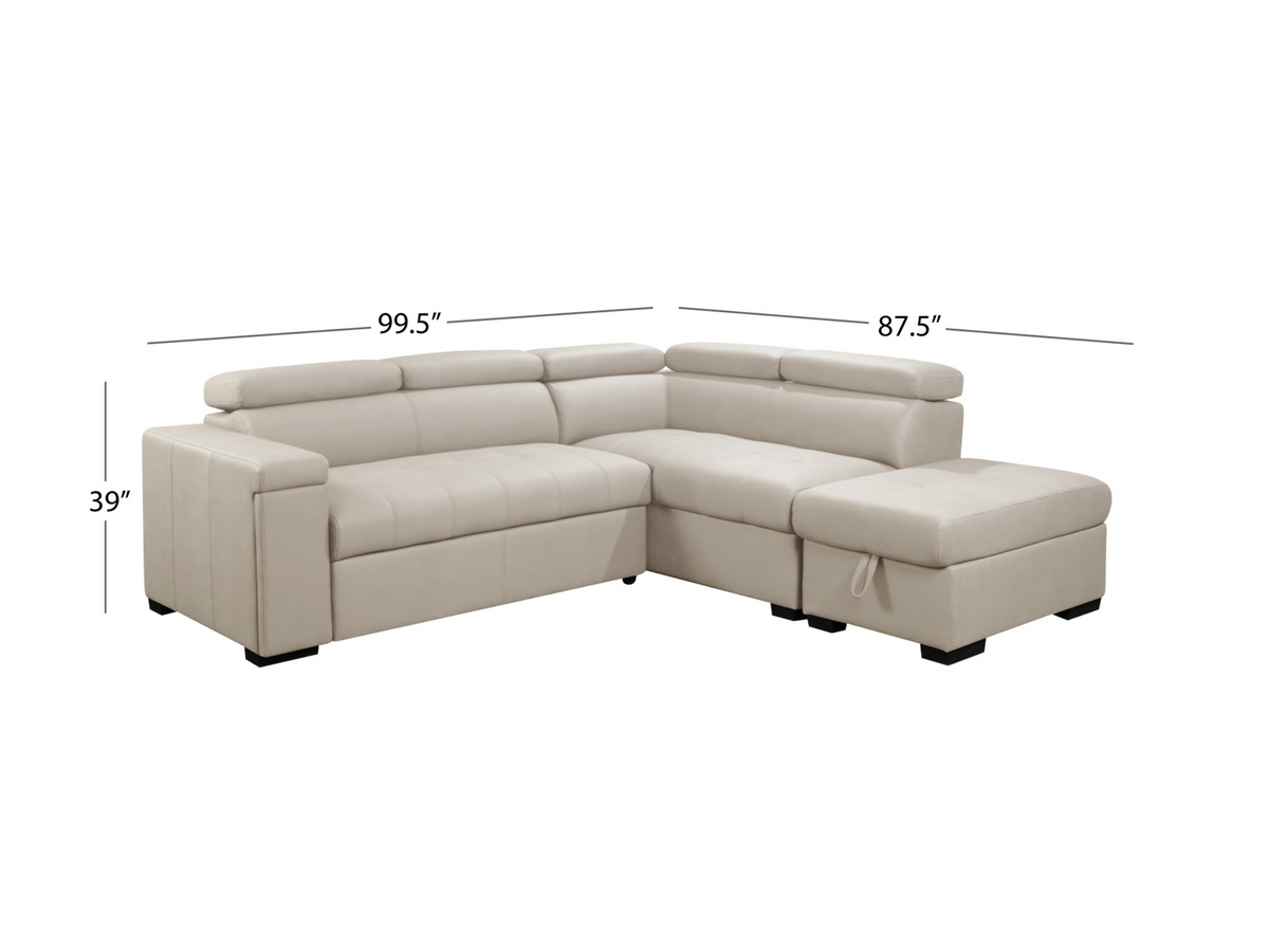 Miami Fabric Storage Sectional with Pullout Bed - Cream