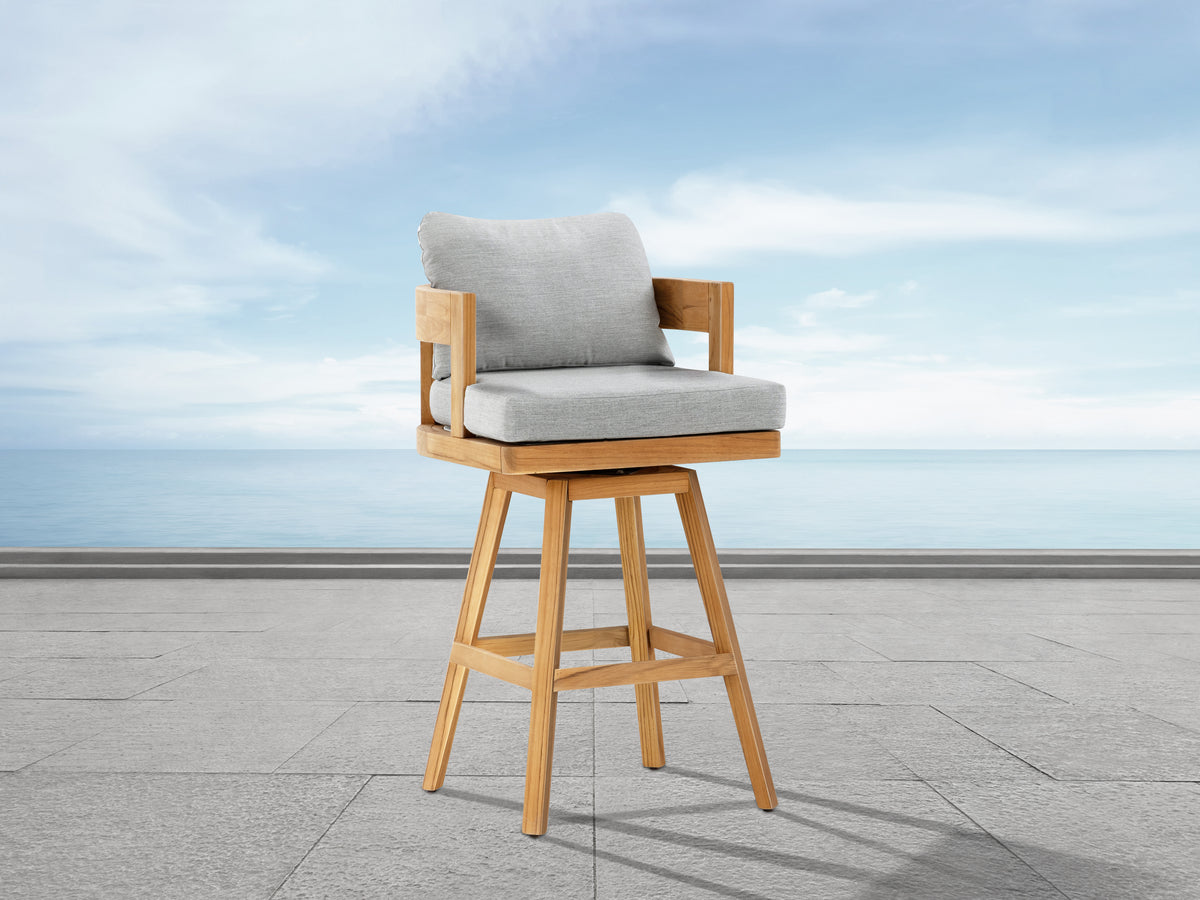 Santino® Outdoor Swivel Bar Stool - Gray Fabric with Teak Frame