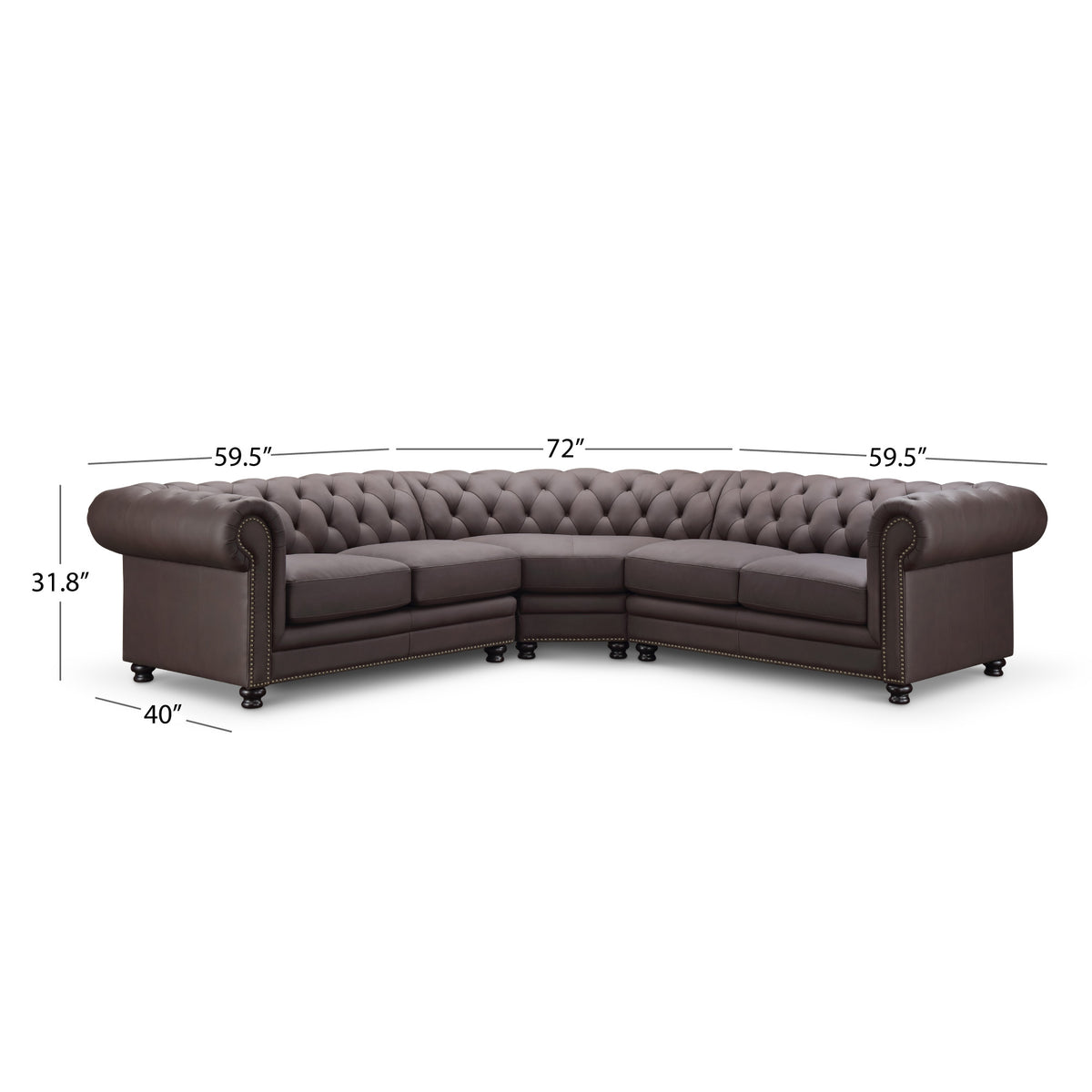 Culver 3pc Leather Chesterfield Sectional, Brown