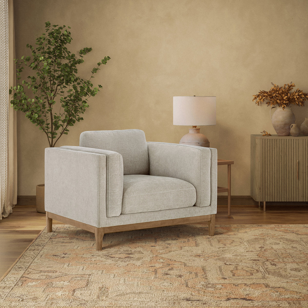 Renee Fabric Chair with Wood Base, Light Gray
