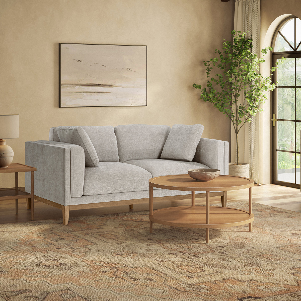 Renee Fabric Sofa with Wood Base, Light Gray