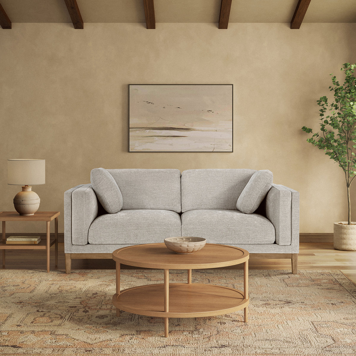Renee Fabric Sofa with Wood Base, Light Gray
