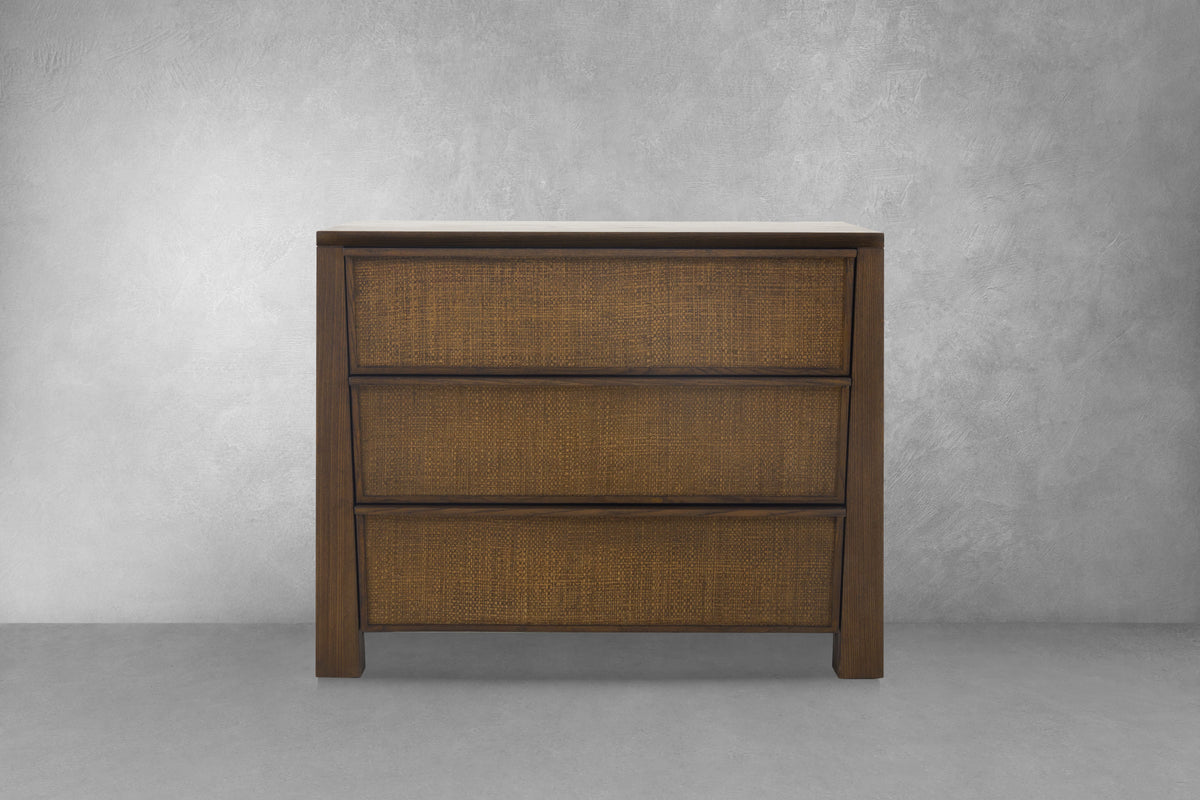 Sawyer Oak & Grasscloth 3-Drawer Nightstand, Brown