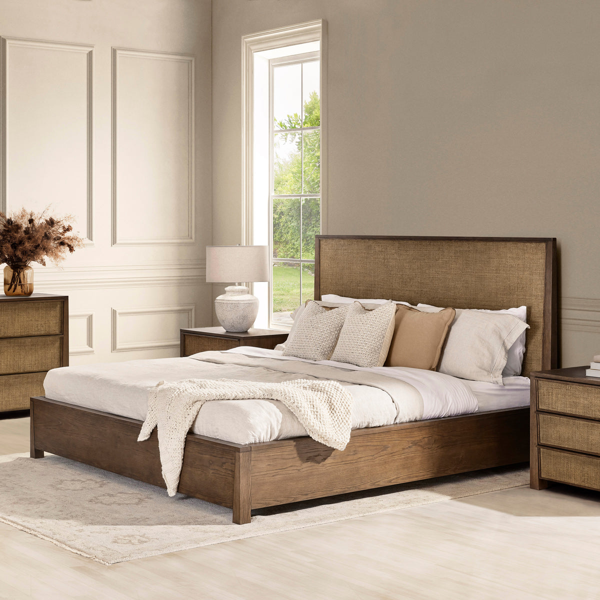 Sawyer Oak & Grasscloth Bed, Brown - Queen