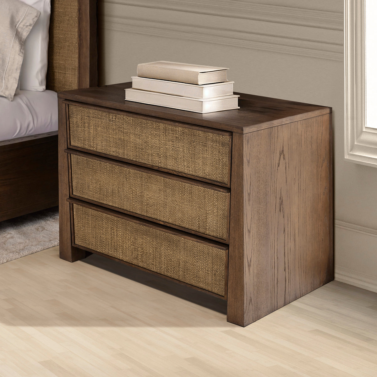 Sawyer Oak & Grasscloth 3-Drawer Nightstand, Brown