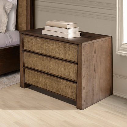 Sawyer Oak & Grasscloth 3-Drawer Nightstand, Brown