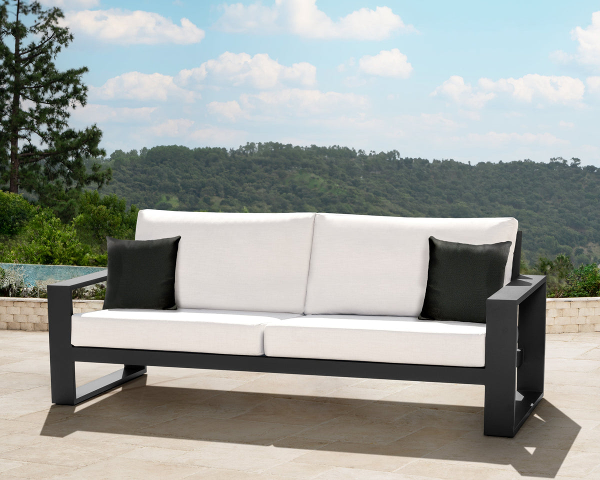 Torren Outdoor Sofa, White Fabric with Black Aluminum Frame