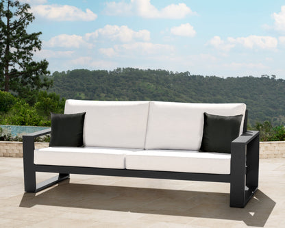 Torren Outdoor Sofa, White Fabric with Black Aluminum Frame