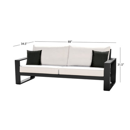Torren Outdoor Sofa, White Fabric with Black Aluminum Frame